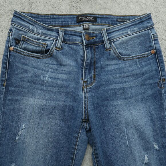 Judy Blue Jeans Junior's 9 Mid-Rise Relaxed Fit Skinny 26" Inseam Distressed - Picture 12 of 16